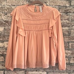 GRACE + KARMA Ruffle Top with Lace, gathers & feminine flowy fit in a soft pink